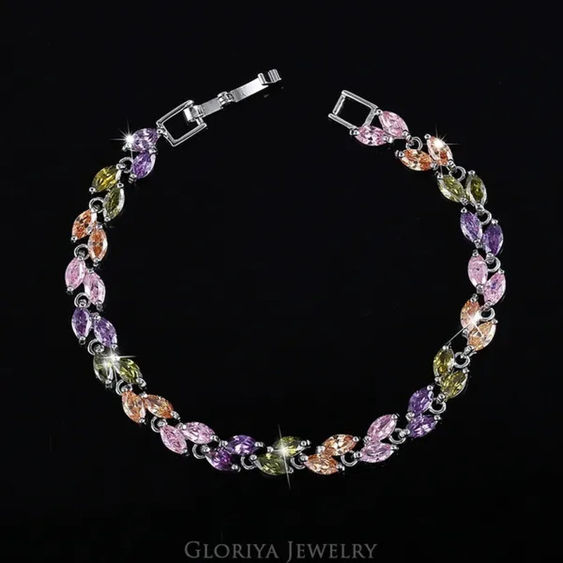 Gloriya Silver Plated Inlay Black and White AAA Grade CZ Crystal Leaf Chain Bracelet Bangle for Women 2024 Fashion Design Fashion Mujer Jewelry