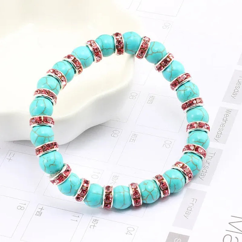 Blue turquoise and green point hand natural Vintage bracelet rhinestone rope men's and women's elastic casual bracelet prayer yoga pendant jewelry