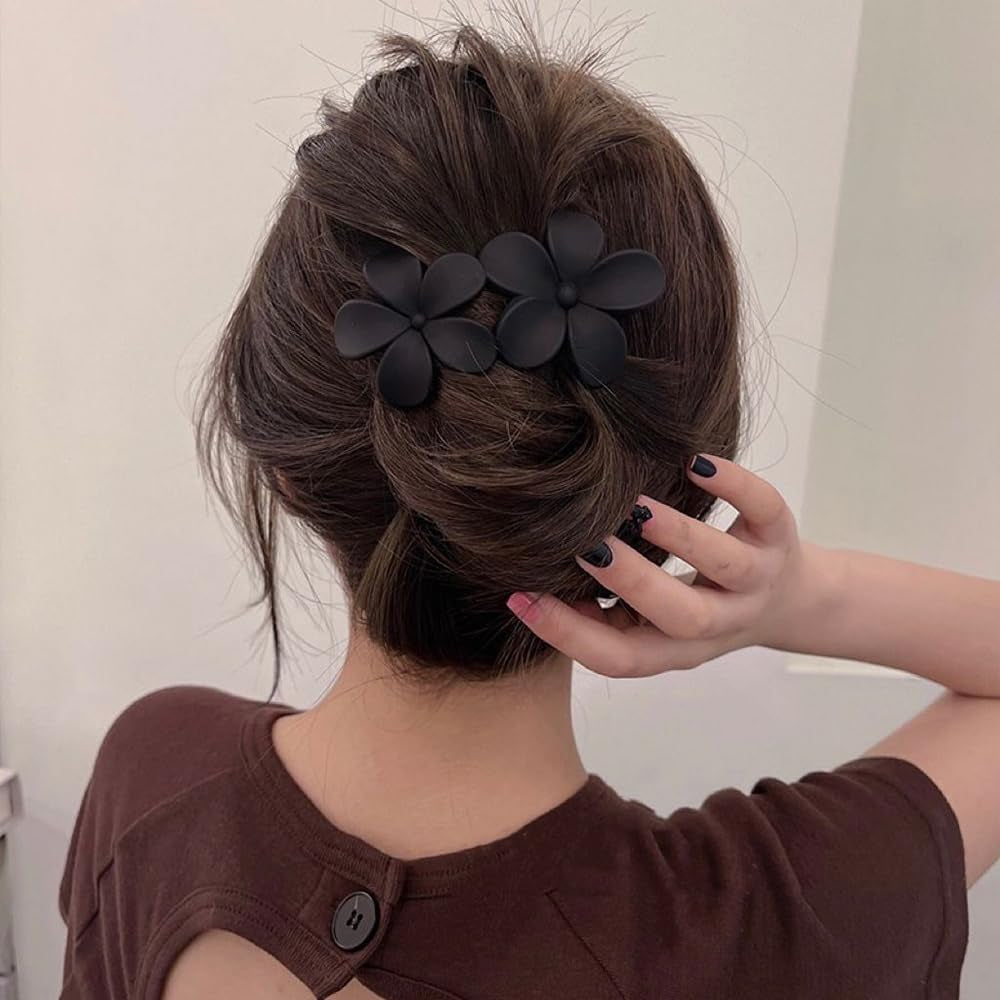 Flower Hair Clips, Matte French Barrettes, Black Floral Hairpins, Claw Clamps, Non-Slip, Elegant Accessories for Women, Girls, Wedding, Summer Party Decorations, 4Pcs