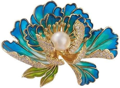 Classical Enamel Blue Peony Flower Brooch, Natural Freshwater Pearl, Exquisite High-End Chinese Style Cheongsam Hanfu Accessory Pin