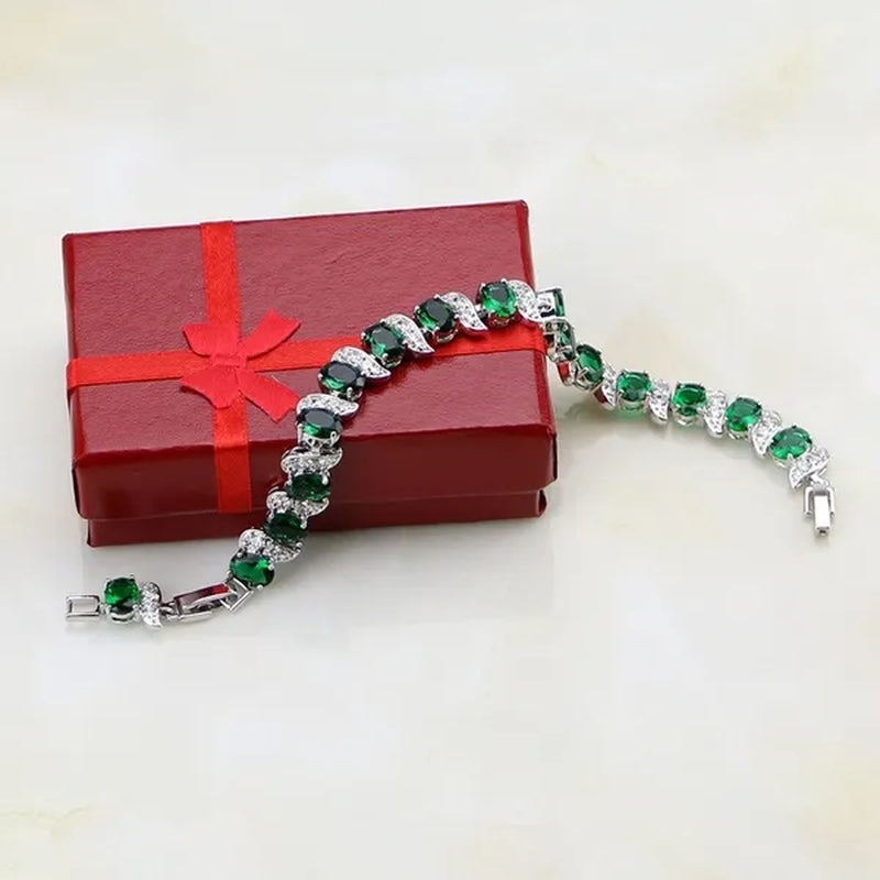 Natural Green Emerald WhiteTopaz 925 Sterling Silver Jewelry Charm Bracelet Christmas Gifts For Women