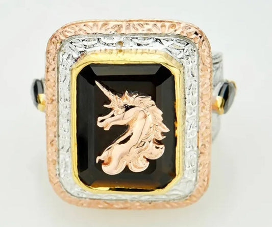 925 Standard Silver New Arrival Fashion Women Men Black Stone Big Rings Rose Gold Unicorn Ring Golden-Color Titanium Ring Size 7-14