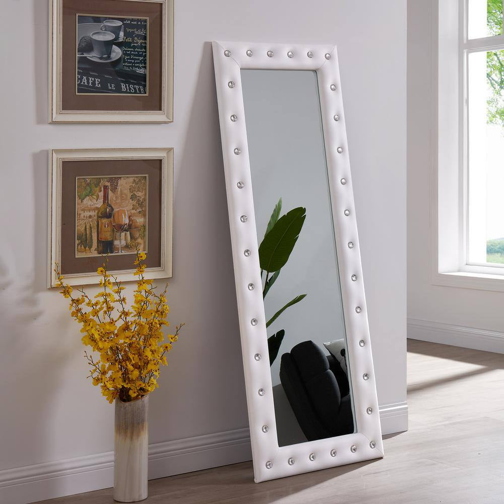 White 22 In. W X 63 In. H Modern Crystal Tufted Rectangle Framed Leaning Mirror