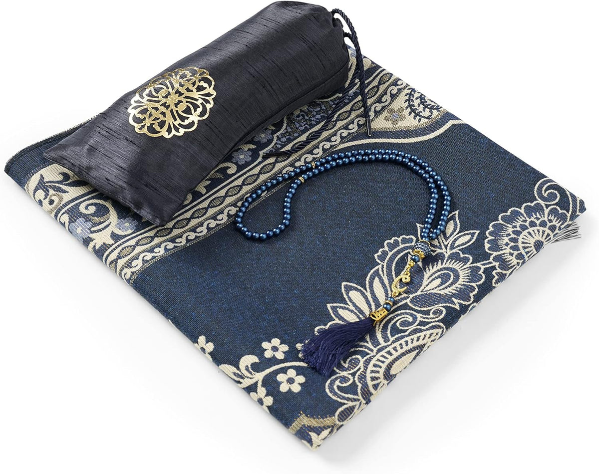 Prayer Rug - Muslim Prayer Rug - Prayer Mat Travel Bag and Prayer Beads - Muslim Gifts for Men Women and Kids (Darkblue 2