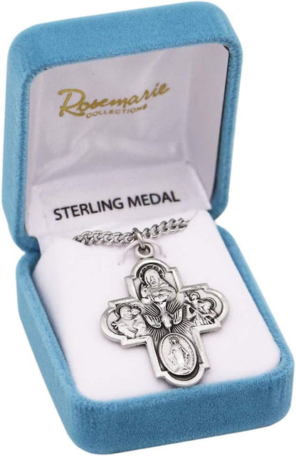 Rosemarie'S Religious Gifts Sterling Silver Traditional Catholic Four Way Cross Medal Pendant Necklace, 24"