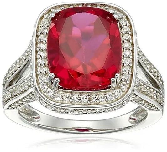 Sterling Silver Cushion Shape Created Ruby with Round Created White Sapphire Cocktail Ring, Size 7