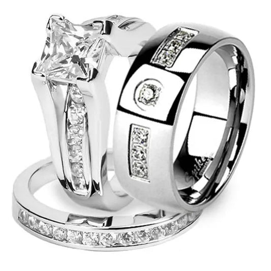 His and Hers Stainless Steel Princess Wedding Ring Set and Zirconia Wedding Band