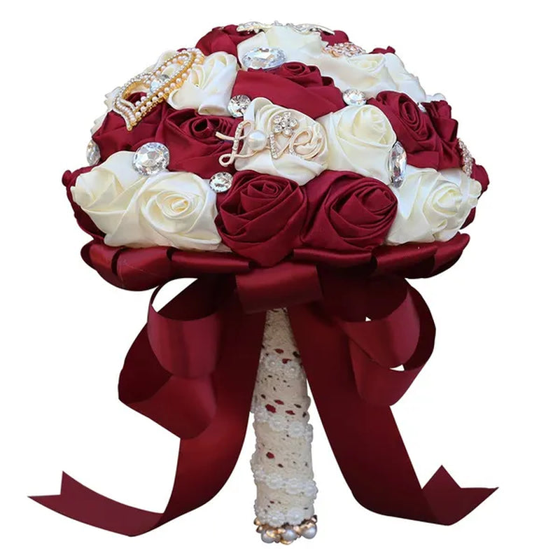 21CM Silk Rose Wedding Flower Bouquet Pearl Rhinestone Brooch Bouquet Bride Bridesmaid Holding Flowers Wedding Party Shooting Props