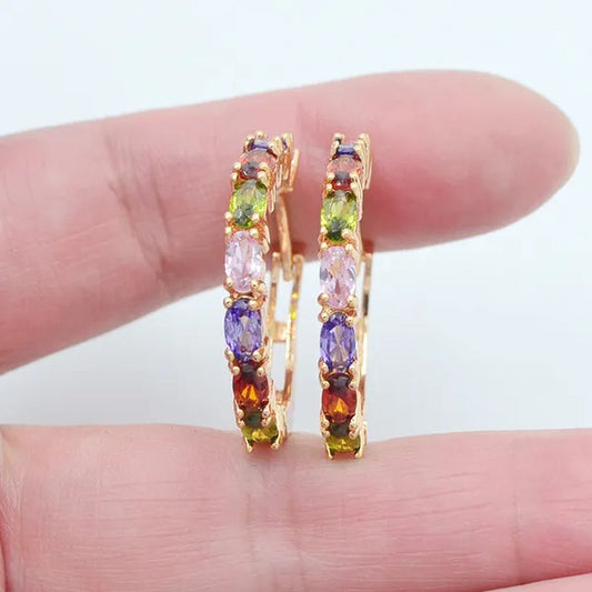 Fashion Multicolor Oval Cubic Zirconia CZ Hoop Huggie Earrings for Women Gift