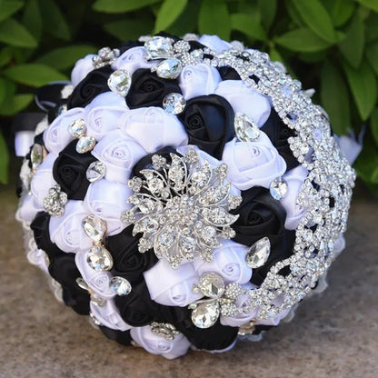 18CM Luxury Crystal Brooch Bride Bouquet Holding Flower Ribbon Lace Wedding Bouquet Artificial Simulation Rose Wedding Flower Bridesmaid Bouquet