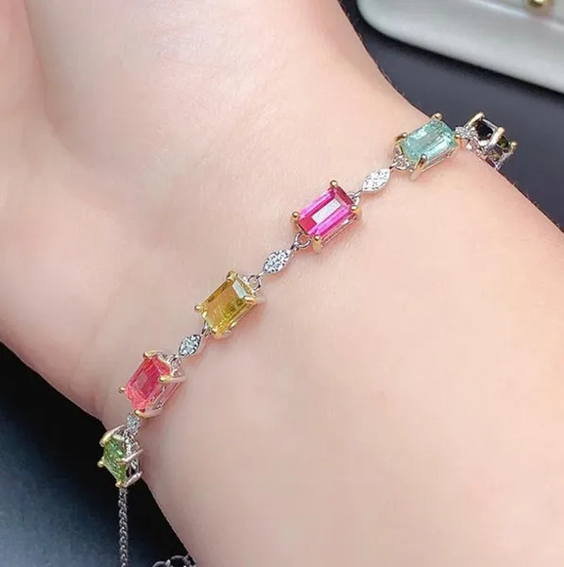 Fashion Jewelry 925 Sterling Silver Diamond Cut Colorful Rainbow Ruby Emerald Olivine Topaz Bracelets