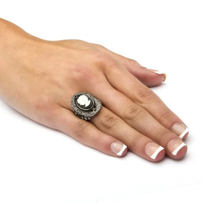 Onyx and Mother-of-Pearl Cameo and Cubic Zirconia Cocktail Ring in Black Rhodium-Plated