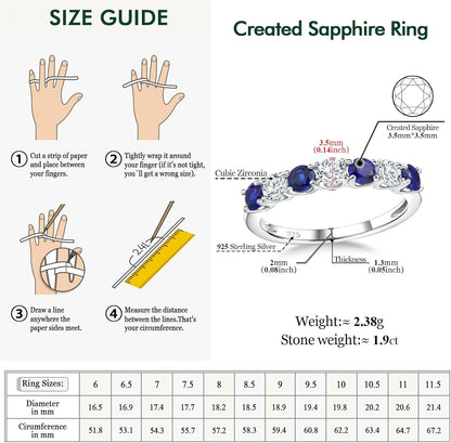 925 Sterling Silver Birthstone Rings for Women Created Gemstone Half Eternity Band 7 Stone Cubic Zirconia Wedding Band Birthstone Jewelry Size 6-10