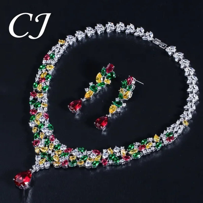 CANDICE Noble Red Crystal Water Drop Pendant Necklace and Dangle Earrings Pave Multi Shape Colorful CZ Stone Women Wedding Party Dress Jewelry Set