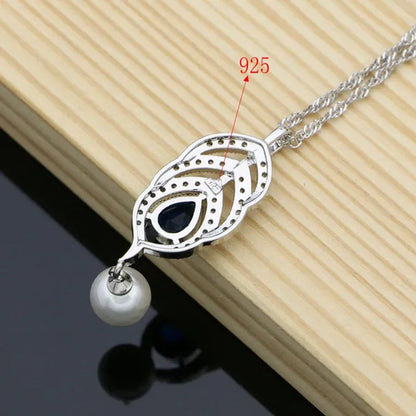 Freshwater Pearls Silver 925 Bridal Jewelry Sets Blue sapphire Beads Women Wedding Earrings/Pendant/Necklace/Ring/Bracelet