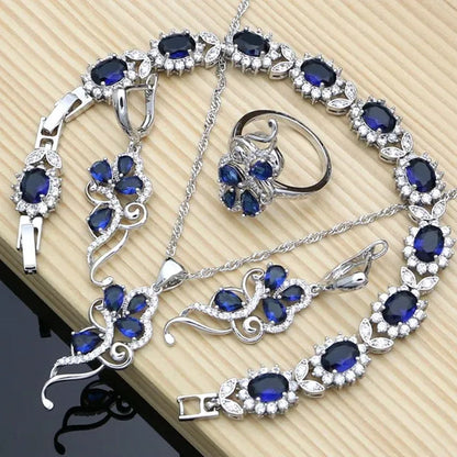Blue Sapphire Silver 925 Jewelry Set White Topaz Charm for Women Stones Leaves Earrings Rings Bracelet Necklace Set