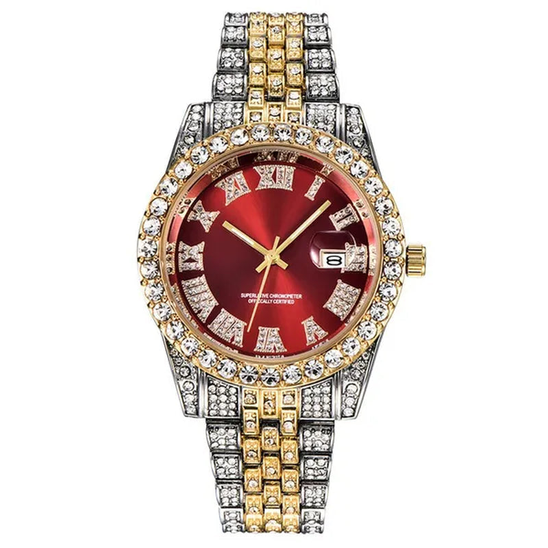 Full Bling Gold Large Diamond Watch For Men ICED-Out Hip Hop Mens Quartz Watches Waterproof Date Male Clock Gold Steel Relogio