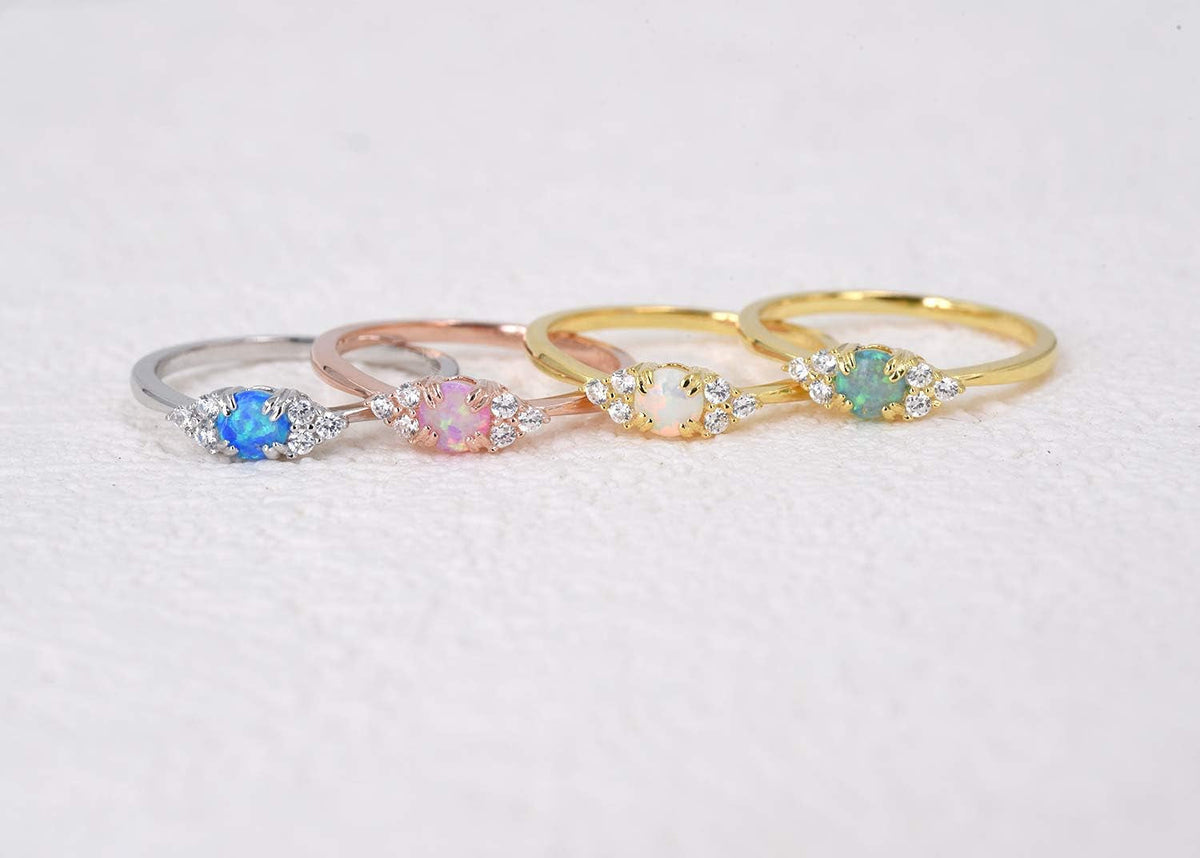 Sterling Silver Halo Opal Stacking Ring Simple Dainty Gold Ring Opal Ring Birthstone Ring 4-10