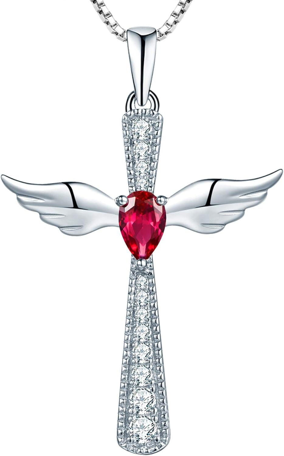 Cross Necklace 925 Sterling Silver Angel Wings Pendant Teardrop Birthstone Criss Jewelry for Women