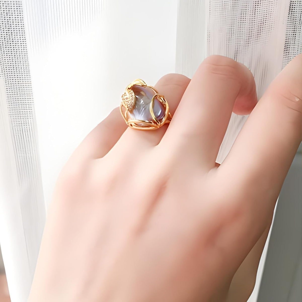 Irregular Pearl Ring, Baroque Pearl Leaf Shape Rhinestone Ring, Gold Vintage Pearl Stacking Ring, Open End Adjustable Statement Ring, Fashion Jewelry Ring Gift for Women