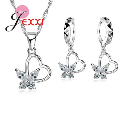 925 Sterling Silver Jewelry Set CZ Diamond Love Heart With Pretty Butterfly Pendant Necklace & Earring Wedding Party Decoration