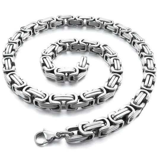 Men's 8mm Wide Stainless Steel Necklace Byzantine Chain Link Silver Tone Biker