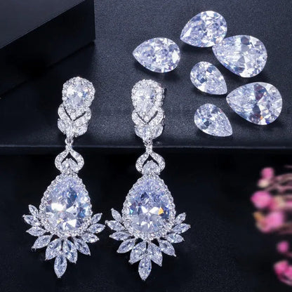 CANDICE Gorgeous Natural Red Green Zirconia Setting Silver Plated Big Teardrop Dangle Earrings for Women Party Dress Accessories