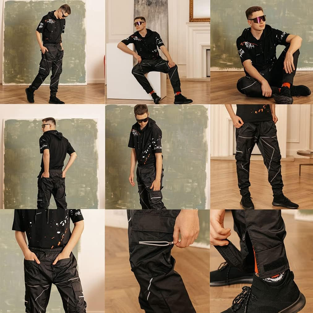 Mens Cargo Pants Hip Hop Techwear Harem Pant Jogger Sweatpants with Pockets Jogging Punk Black/White XL