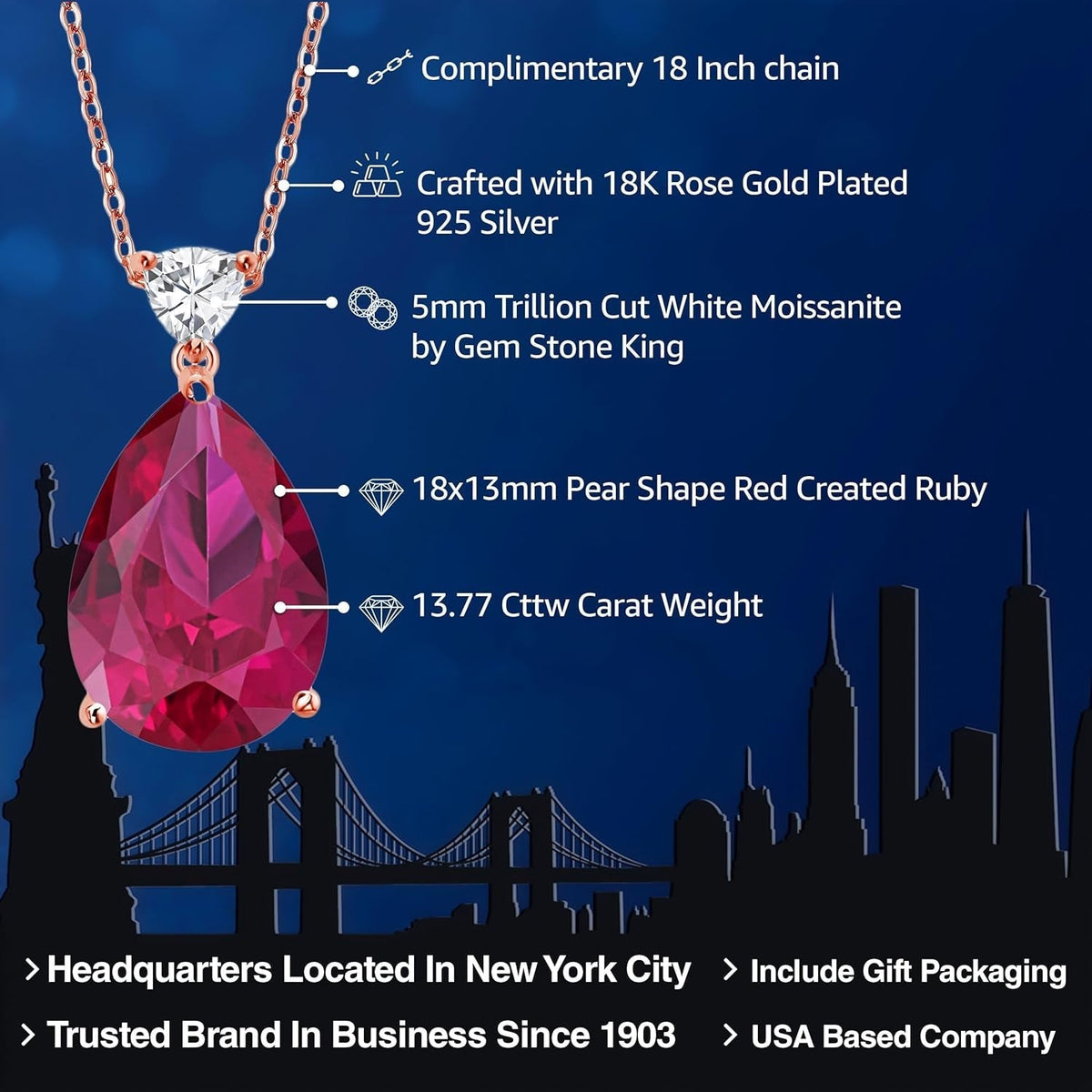 18K Rose Gold Plated Silver Pear Shape Red Created Ruby Pendant Necklace for Women 13.77 Cttw, with 18 Inch Chain)