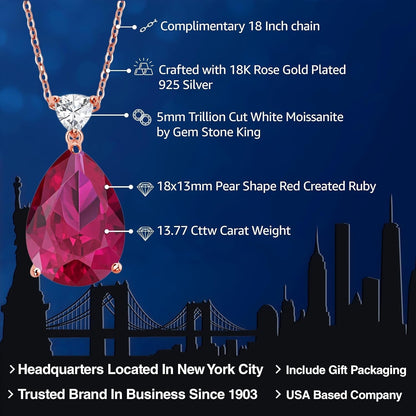 18K Rose Gold Plated Silver Pear Shape Red Created Ruby Pendant Necklace for Women 13.77 Cttw, with 18 Inch Chain)