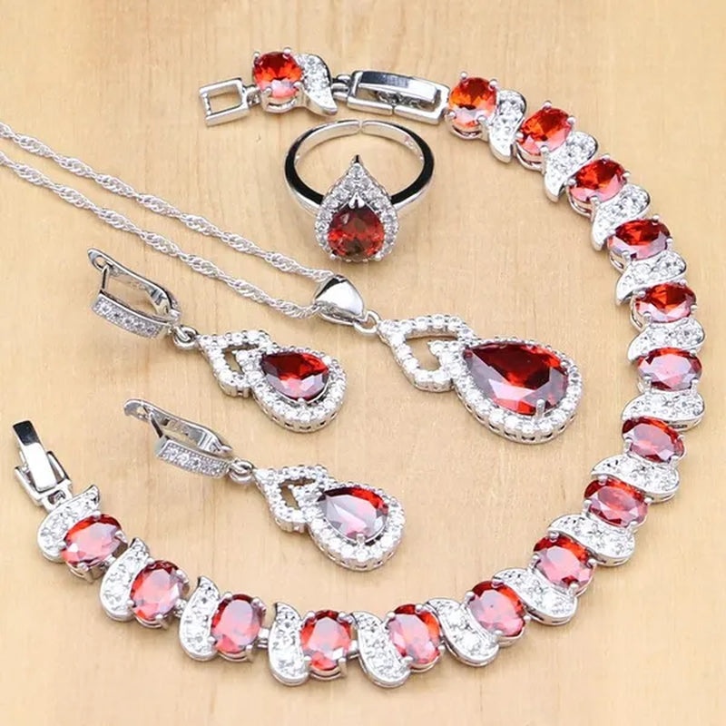 925 Silver Jewelry Sets Blue Sapphire White Topaz Open Rings Earrings Pendant Necklace Bracelet For Bridal  Women