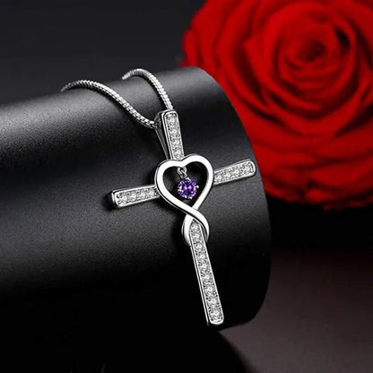 Infinity Love God We Trust Christian Cross Birthstone Diamond Rhinestone Pendant Necklace Birthday Gifts Jewelry For Women Christmas Girls