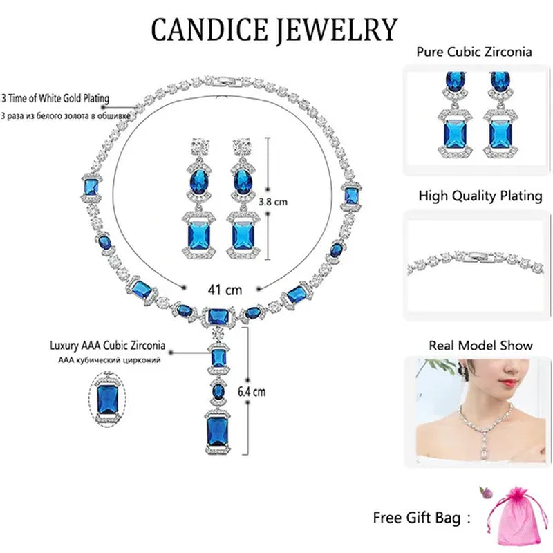 CANDICE Luxury White Gold Plated Bridal Party Jewelry Inlaid AAA Cubic Zirconia Long Drop Dangle Necklace Earrings Set for Women Wedding