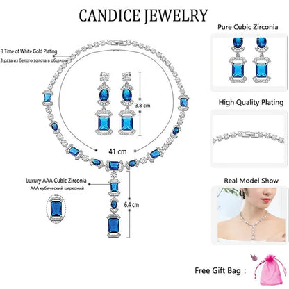 CANDICE Luxury White Gold Plated Bridal Party Jewelry Inlaid AAA Cubic Zirconia Long Drop Dangle Necklace Earrings Set for Women Wedding