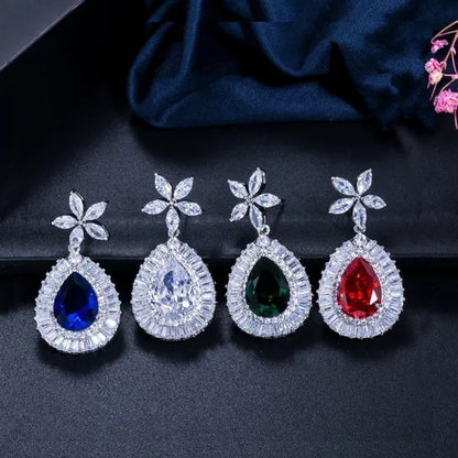 CANDICE Luxury Bridal Red CZ Stone Costume Jewelry Sets Pear Drop Red Zirconia Party Necklace Earrings Set For Women Wedding