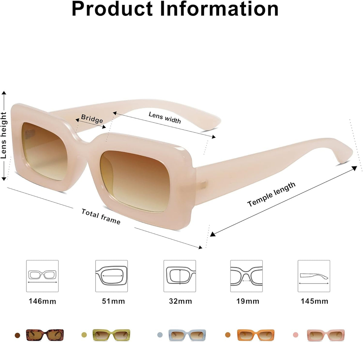 Retro 90S Nude Rectangle Sunglasses Womens Mens Trendy Chunky Glasses