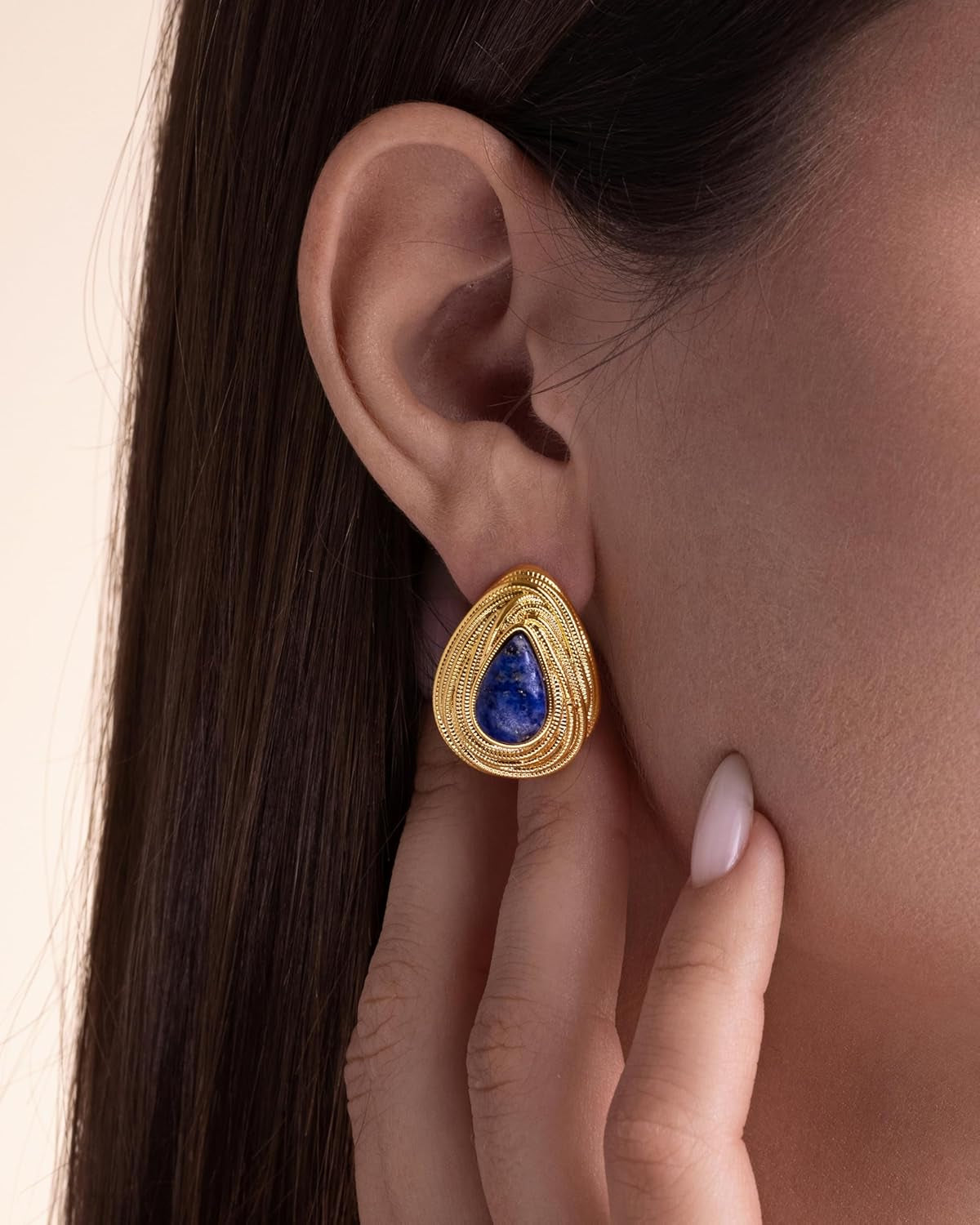 Dainty Oval Triangle Textured Blue Gold Lapis Lazuli Gemstone Statement Earrings for Women by , Small Vintage Button Chunky Bold Handmade Natural Exaggerated Retro Trendy Bohemian Jewelry Gifts, Unique Baroque Stone Summer Beach Fashion Stud Earrings Acce