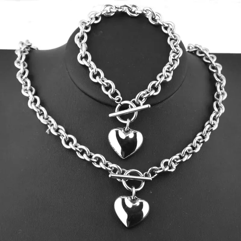 Trendry Women's Heart Pendant Set Silver Stainless Steel Jewelry Set Chain Necklace Bracelet Oval Chain