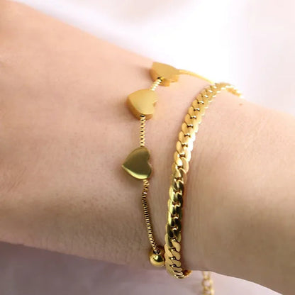 Women's Chain Bracelets 18K Gold Plated Stainless Steel Classic Heart Double Layer Tennis Bracelet Adjustable Bangle for Women