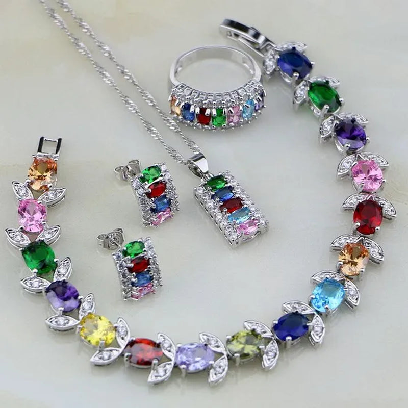 Multicolor 925 Silver Jewelry Set Mystic Topaz Jewelry Sets For Women Necklace/Earrings/Bracelet/Pendant/Ring 4PCS