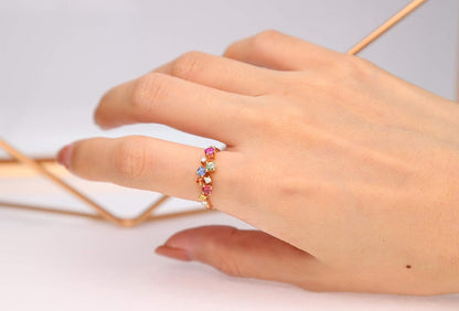 10K Yellow Gold Multi Sapphire, Ruby and Tsavorite Ring with Diamonds for Women | Ethically, Authentically & Organically Sourced (Round-Cut) Shaped Sapphire Hand-Crafted Jewelry for Her | Sapphire Ring for Women
