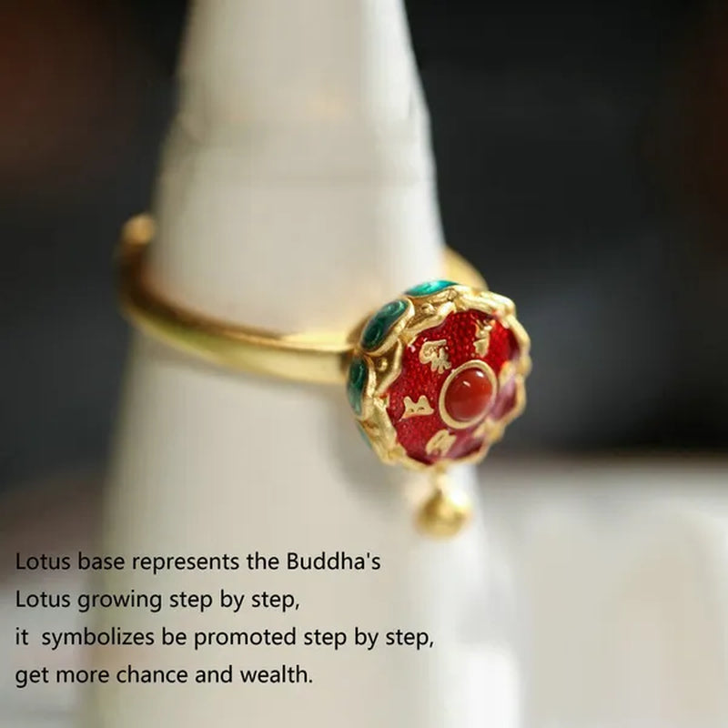 Buddhism Lotus Rotating Ring Buddhist Tibetan Prayer Wheel Mantra Finger Ring YVO