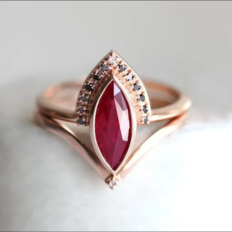 Unique Natural Rhombus 2 in 1 Ruby Engagement  Ring Marquise Bridal  Wedding Ring With Black Diamonds Women Ruby Ring Diamond Fine Jewelry Set （size 5-11）