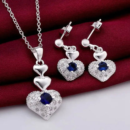 Woman Party Wedding Jewelry Sets 925 Sterling Silver Blue Crystal Heart Pendant Necklace Earrings Classic Fashion Gift