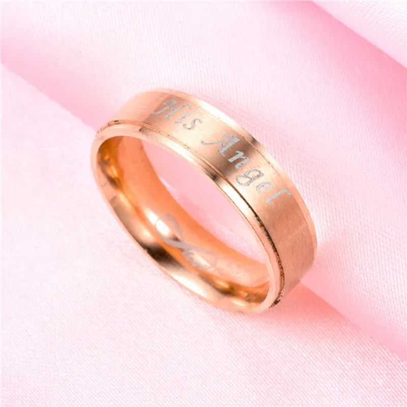 Fashion 'His Angel' 'His Angel' Stainless Steel Couples Ring Wedding Ring Gifts For Lovers (Style: Black-'Her Demon' For Men, Rose Gold-'His Angel')
