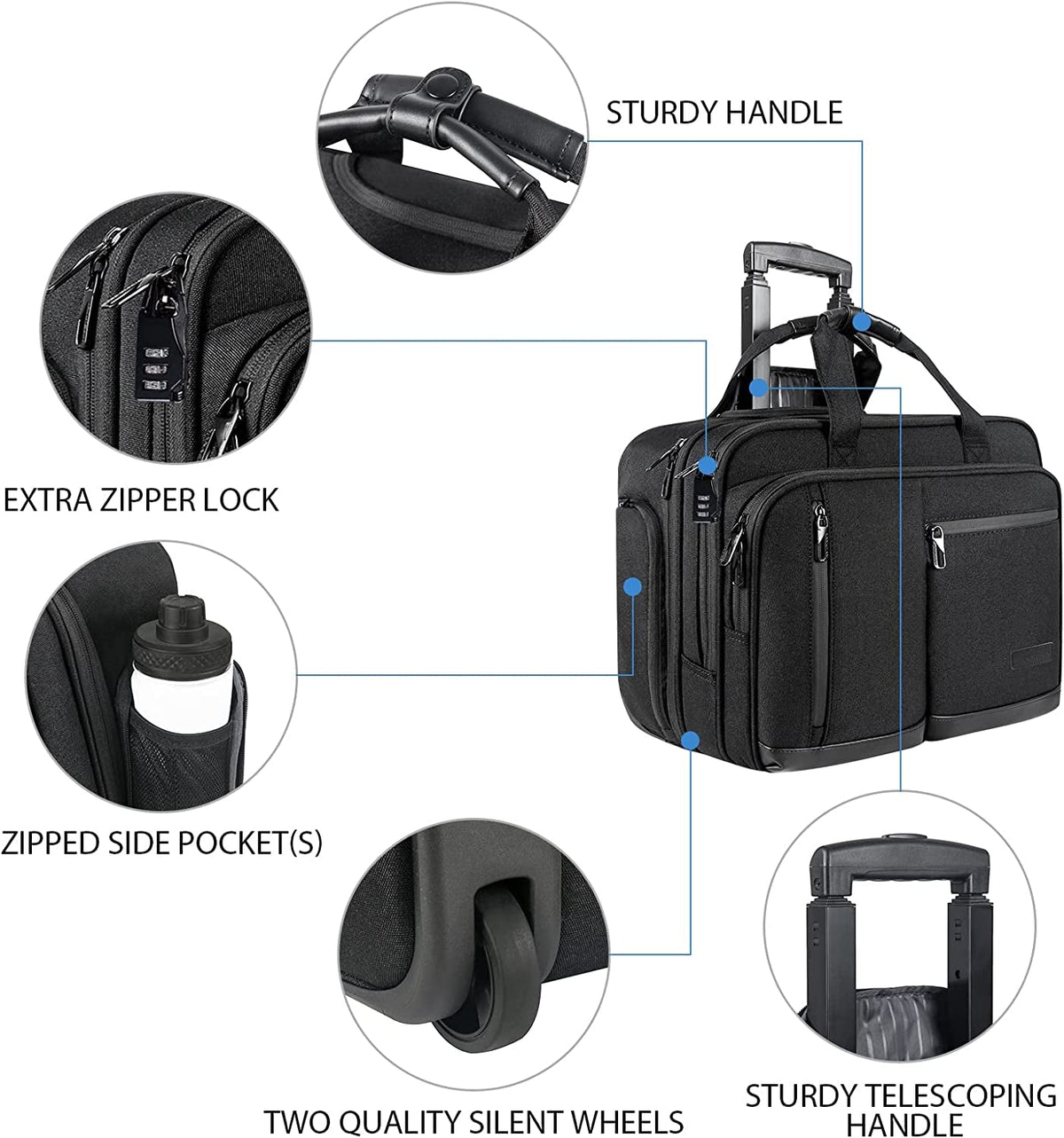 17.3 Inch Rolling Laptop Bag, Waterproof Overnight Rolling Bags, Laptop Bags for Travel/Work/Business, Stylish Carry on Briefcase, Black