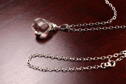 Clear Rock Crystal Quartz 12X17Mm Faceted Briolette Drop Wire Wrapped Gemstone Pendant Necklace in 925 Sterling Silver Chain and Clasp (24")