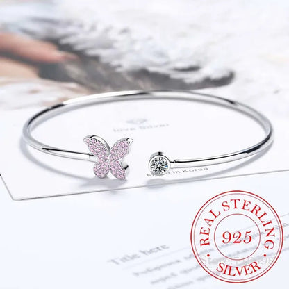 925 Sterling Silver Crystal Butterfly/Dragonfly/Heart Charm Bangles For Women Bracelet &Bangle Wedding Birthday Party Jewelry