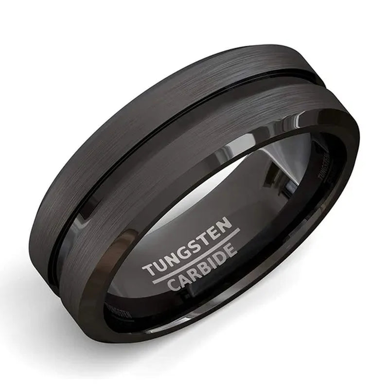 Fashion 8mm Black Tungsten Carbide Ring Gold Groove Matte Brushed Surface Beveled Edge Mens Wedding Band Comfort Fit