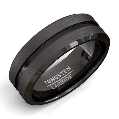 Fashion 8mm Black Tungsten Carbide Ring Gold Groove Matte Brushed Surface Beveled Edge Mens Wedding Band Comfort Fit